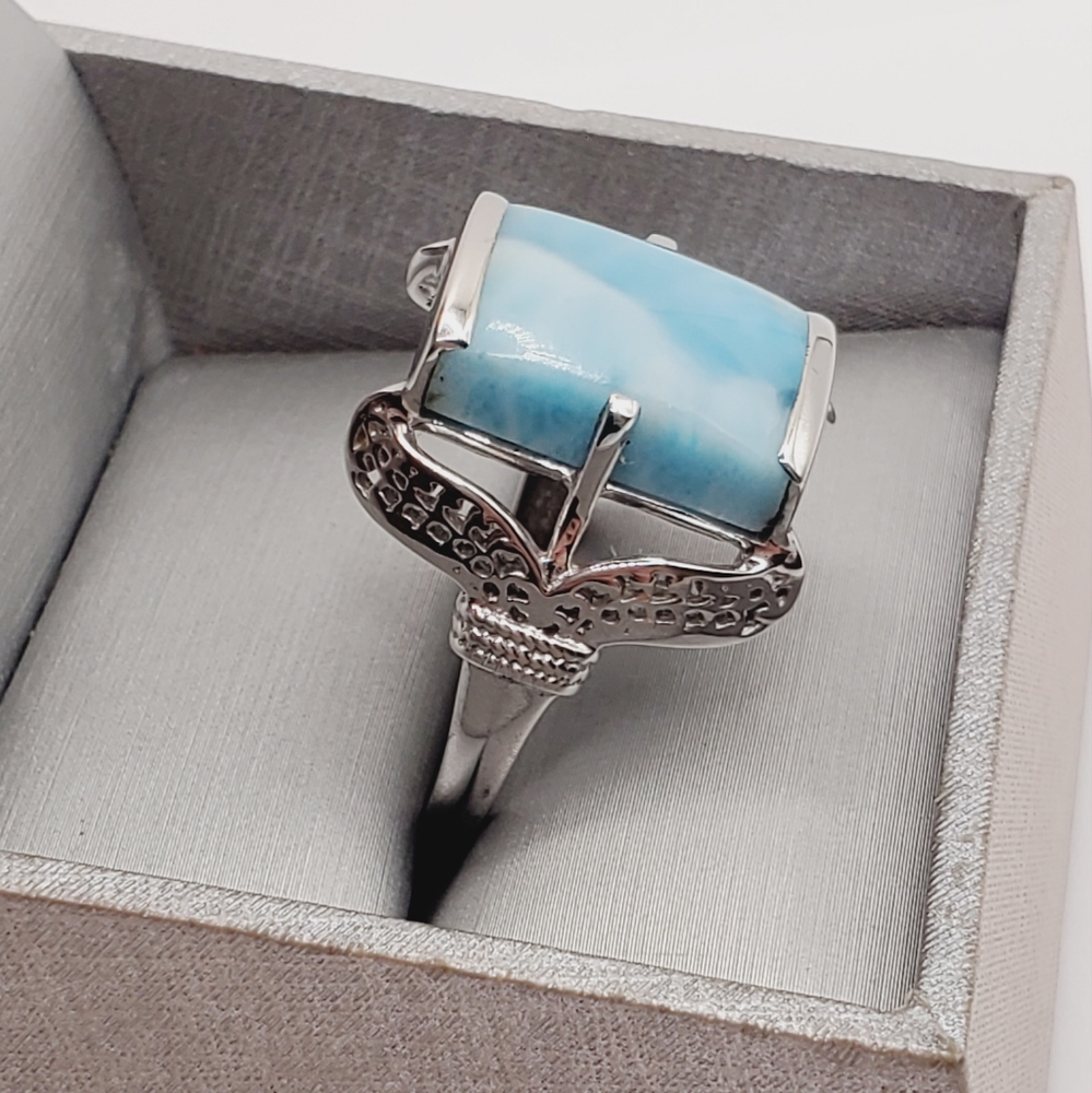 925 Sterling Silver Genuine Rectangle Blue Larimar Statement Ring - Picture 2 of 9